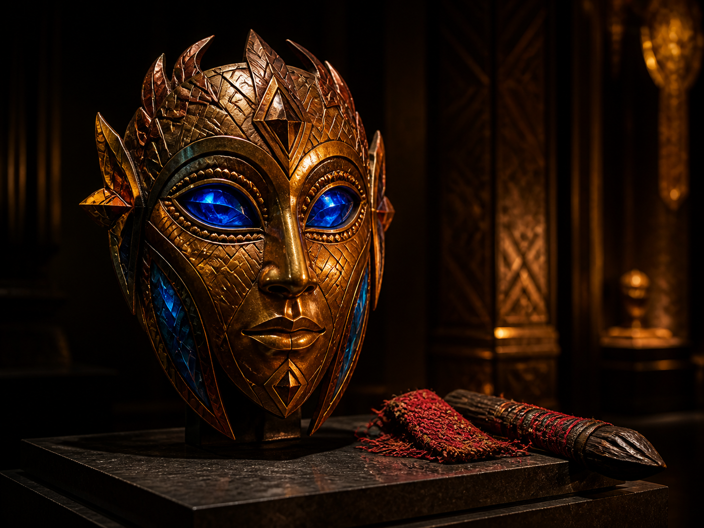 The fictional Cobalt Listener mask displayed in a dark gallery