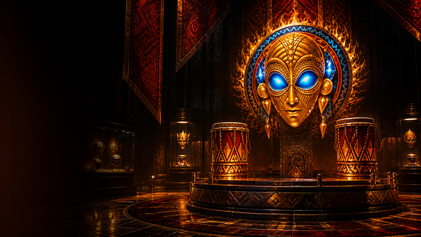 Fictional museum atrium with a monumental golden mask and drums